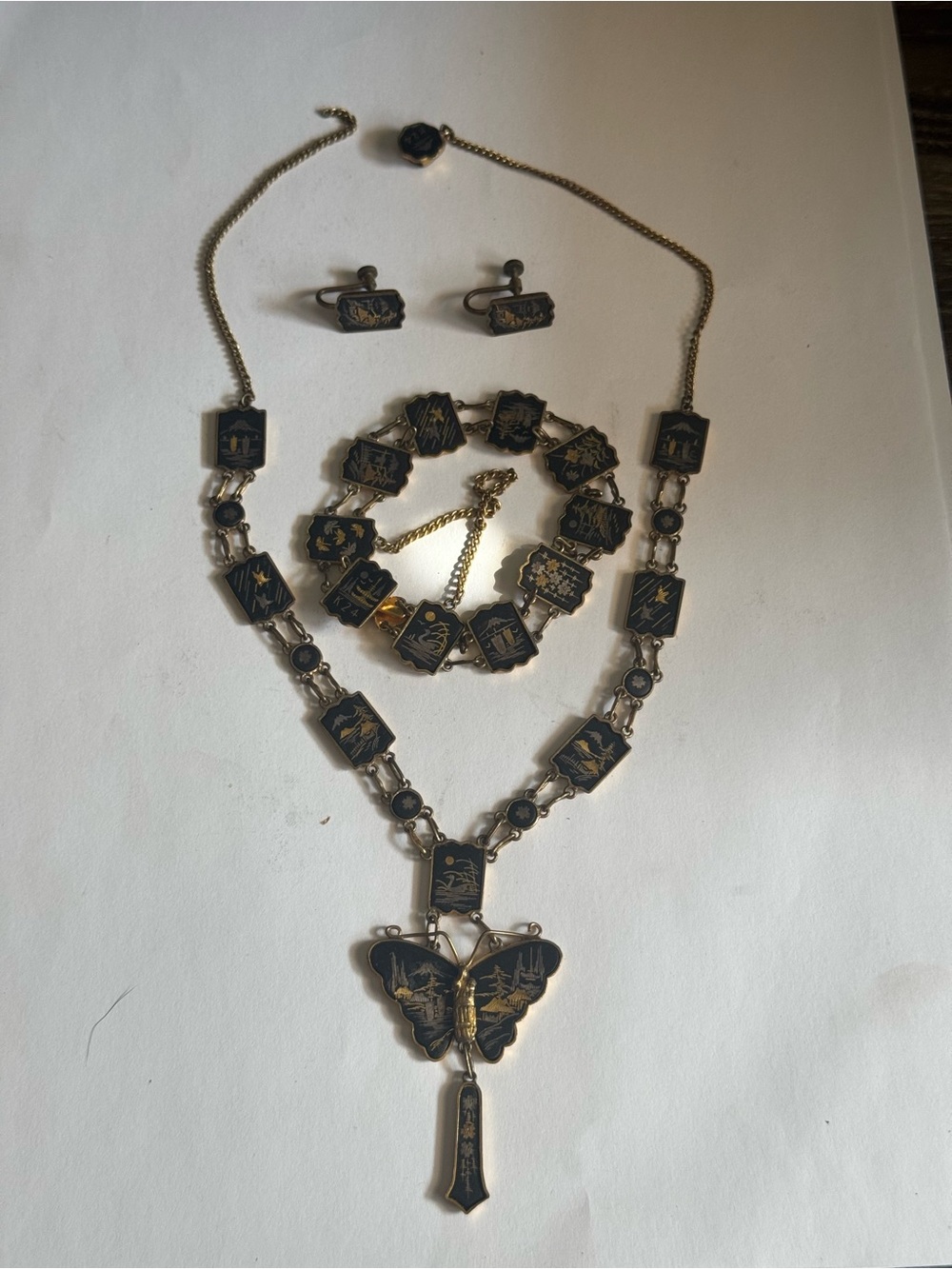 Vintage Japanese Damascene Jewelry Set 1930-1950's 24k